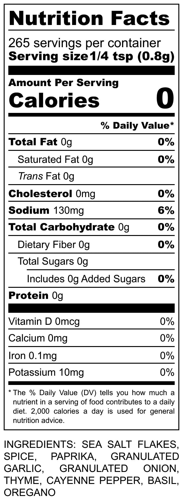 Nutrition Facts Label: Low Calorie, Low Fat, Creole Blend