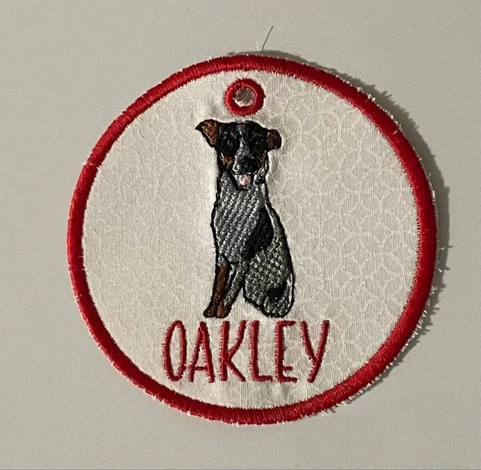 Custom Embroidered Dog Portrait Ornament: Oakley, Main Street Collective. Handmade keepsake.