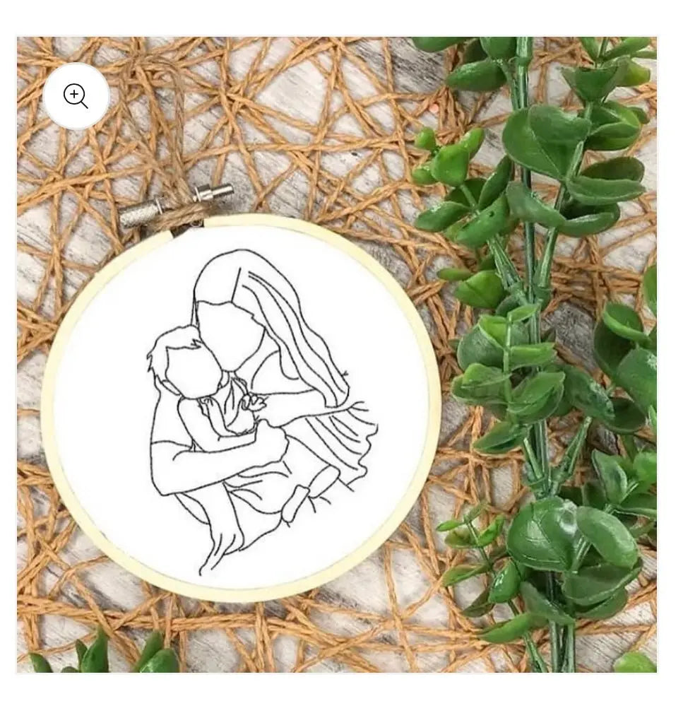 Mother and Child Line Art Embroidery Hoop - Custom Design Personalized Art