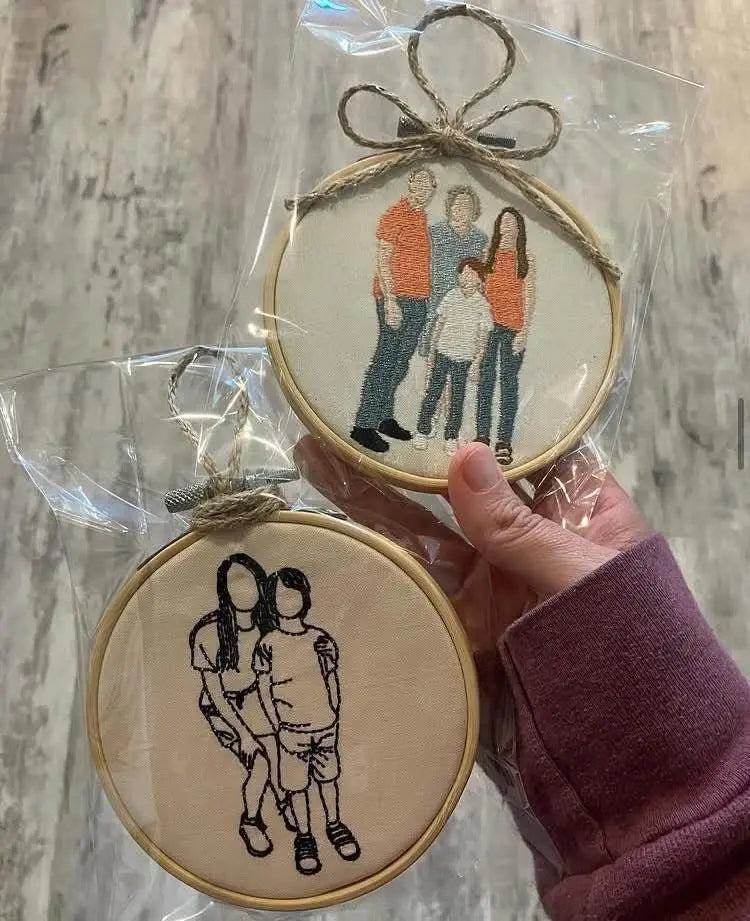 Custom Embroidered Family Portrait: Digitized Line Drawing of Loved Ones on Hoop Art Keepsake