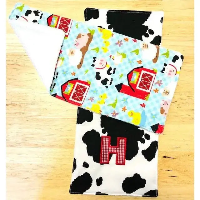 Customizable Baby Burp Cloth - Mississippi Handmade Gift - Cow Print & Farm Animals Pattern with H