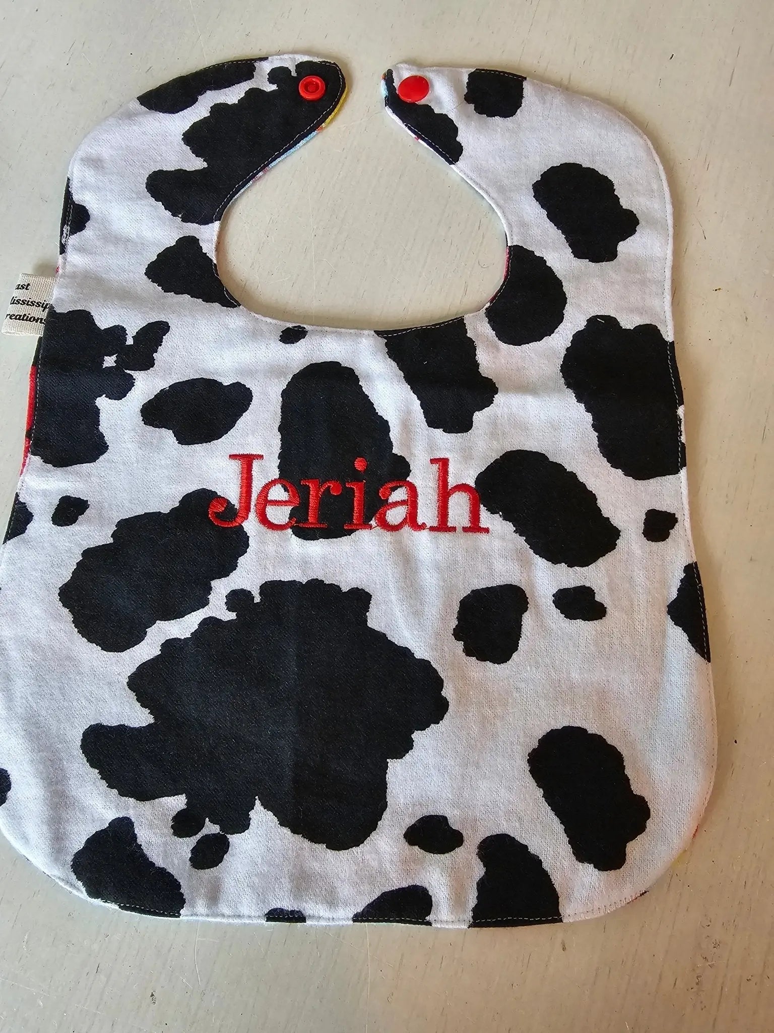 Custom Handmade Cow Print Baby Bib 'Jeriah' - Personalized Gift by Main Street Collective