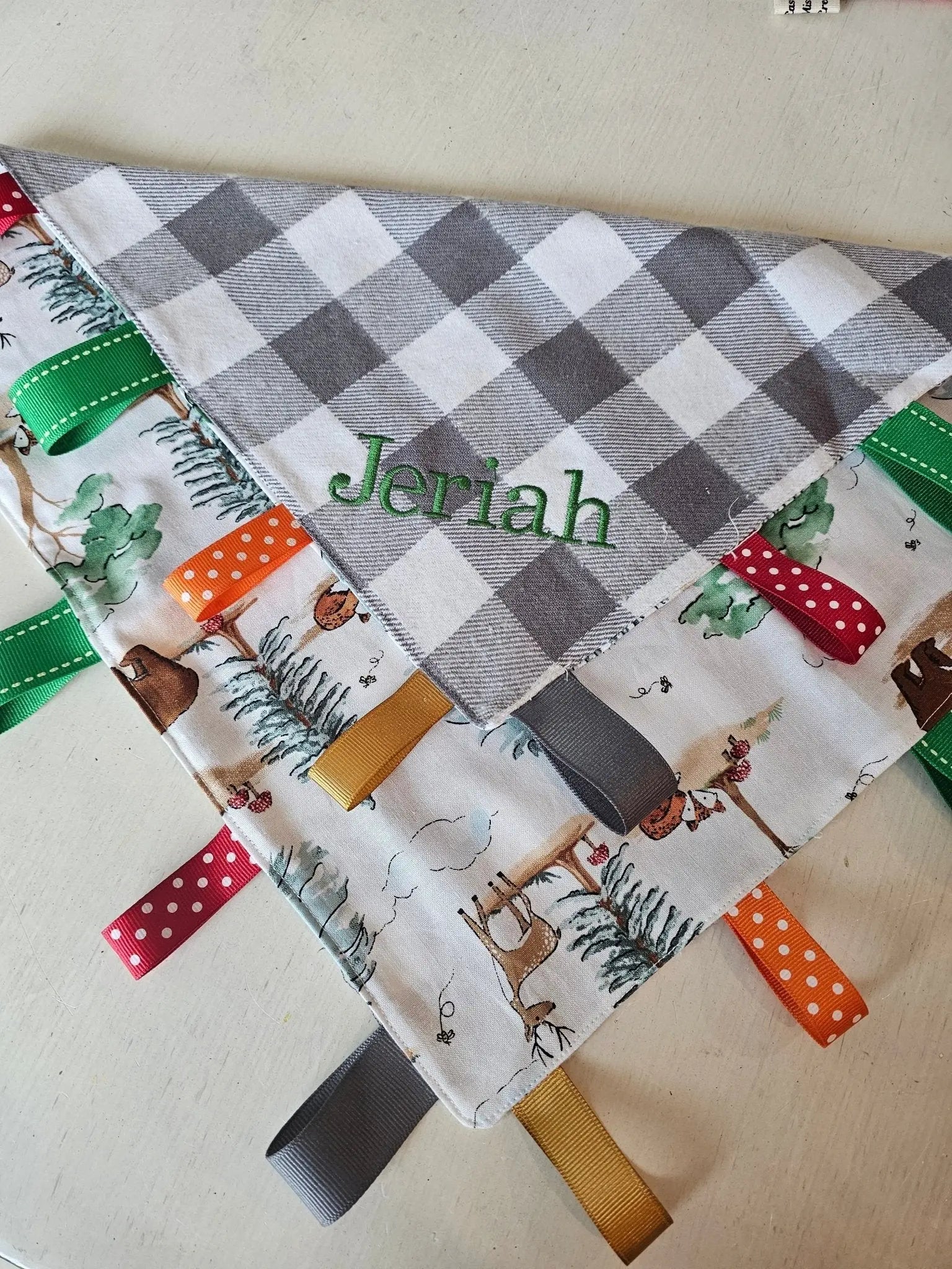 Personalized \"Jeriah\" Taggy Blanket: Gray Plaid & Forest Animals Sensory Toy with Colorful Ribbon Tags, Handmade Baby Comfort