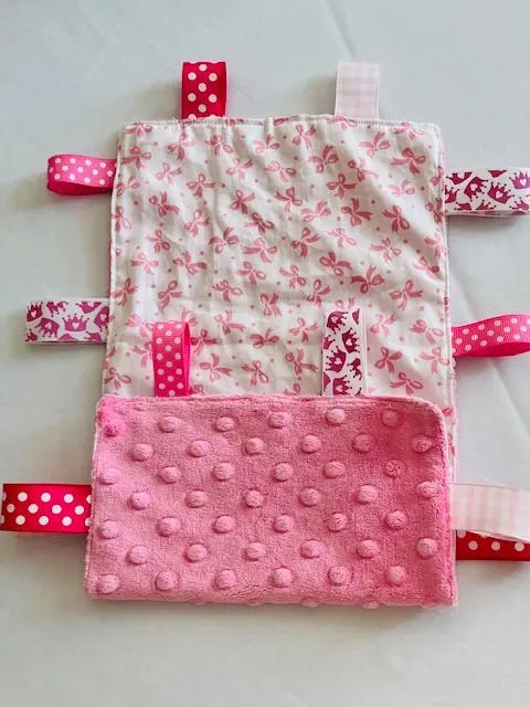 Pink Taggy Blanket: Baby Sensory Toy, Ribbon Tabs, Handmade Cotton Flannel, Customizable.