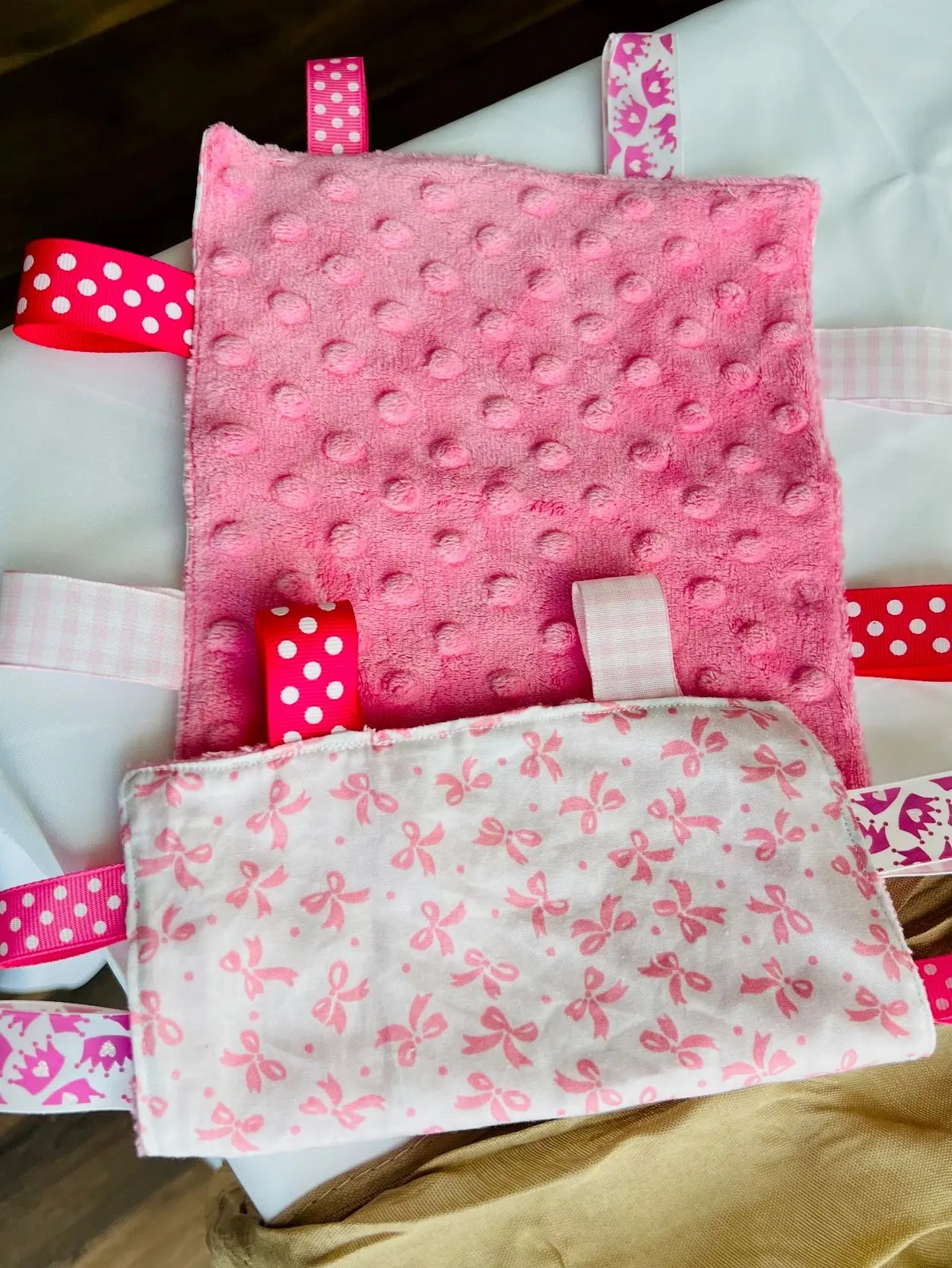 Custom Taggy Blanket: Pink Sensory Toy for Baby | Handmade & Customizable
