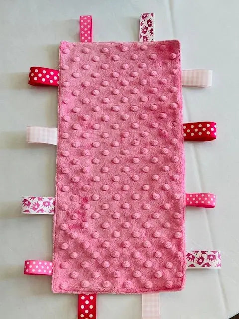 Pink Baby Taggy Blanket: Sensory Toy with Ribbons, Handmade & Customizable