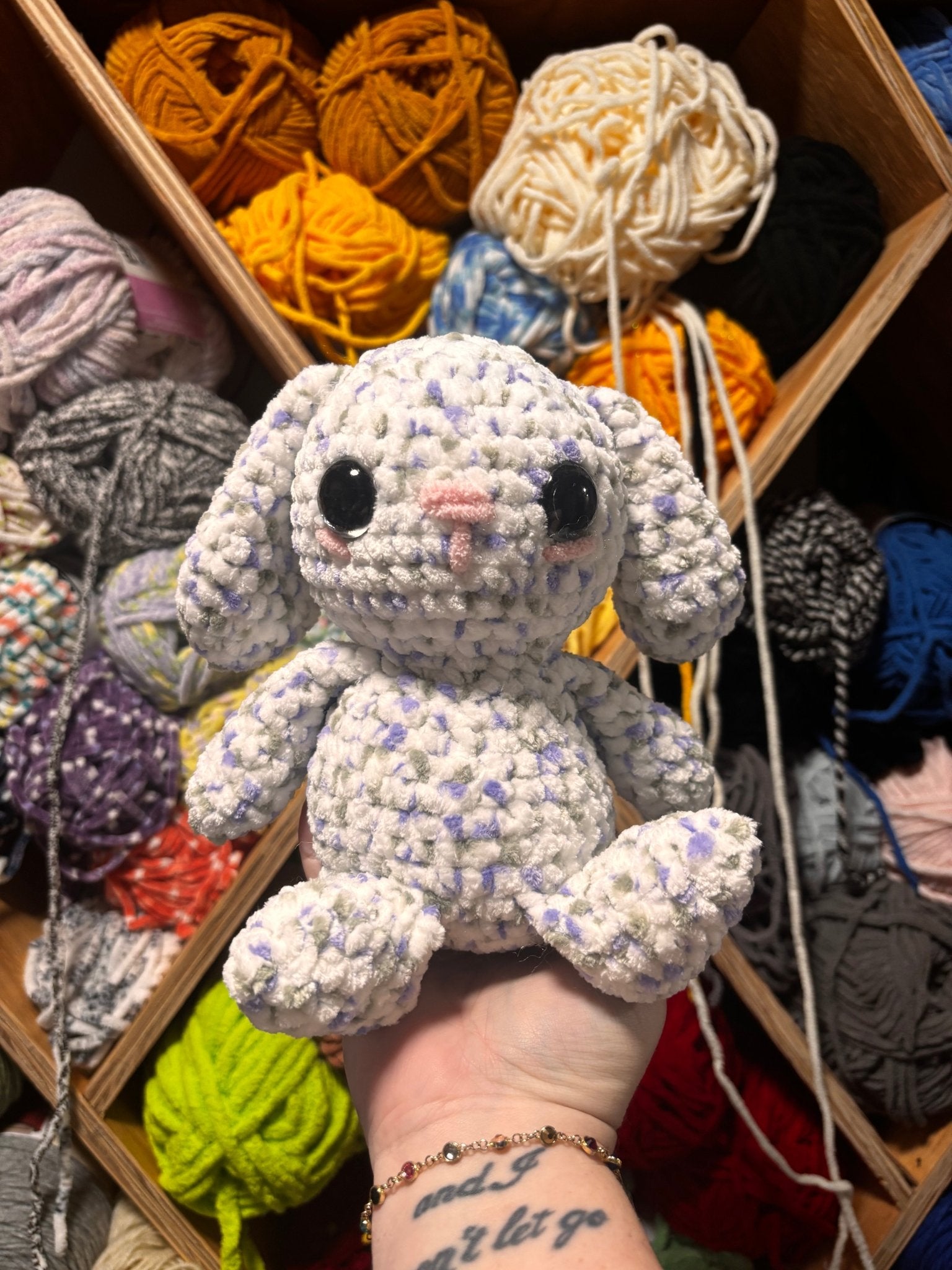 Cute crochet bunny - handmade Flower the Rabbit plush, perfect for Easter gifts.