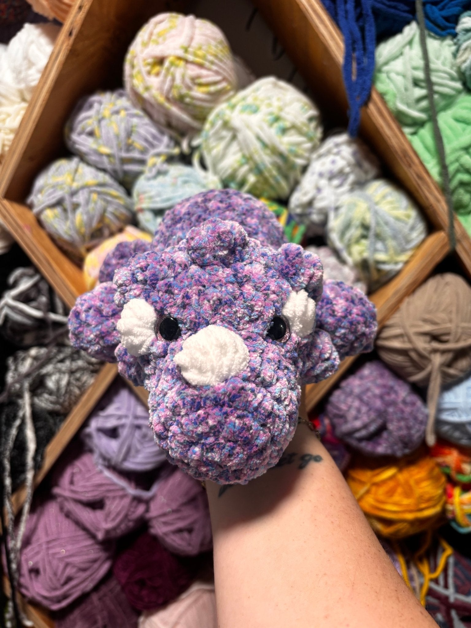 Crocheted Triceratops Plush Toy - Tina by Main Street Collective: Purple & White Amigurumi Dino