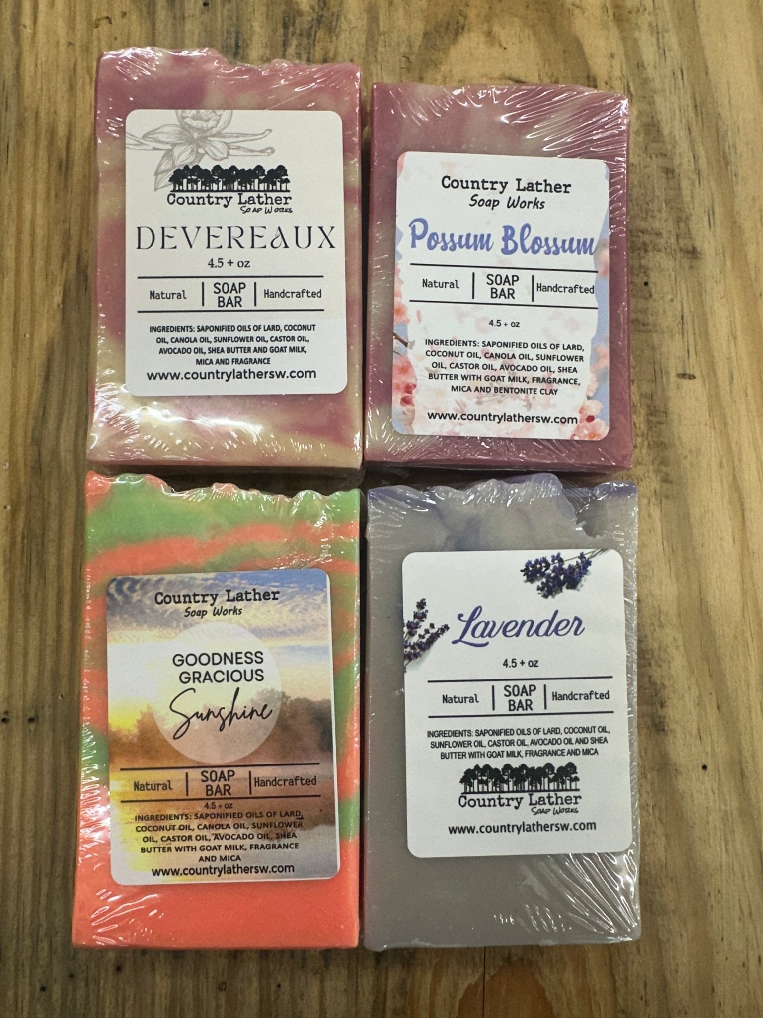 Country Lather Handmade Soaps: Lavender, Devereaux, Possum Blossom, Goodness Gracious Sunshine Soap bars