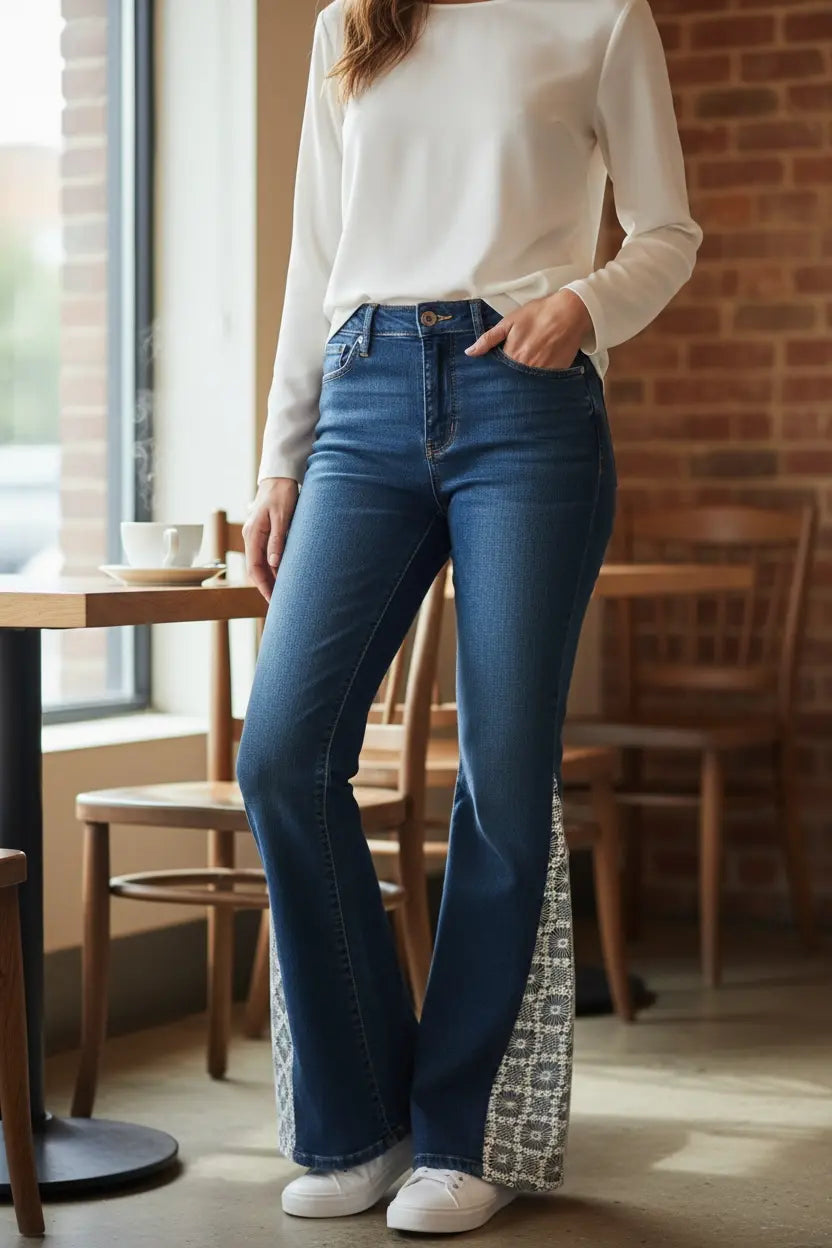 Denim and Lace Boho Flare Jeans - Upcycled Loft Jeans, Size 8 - Main Street Collective