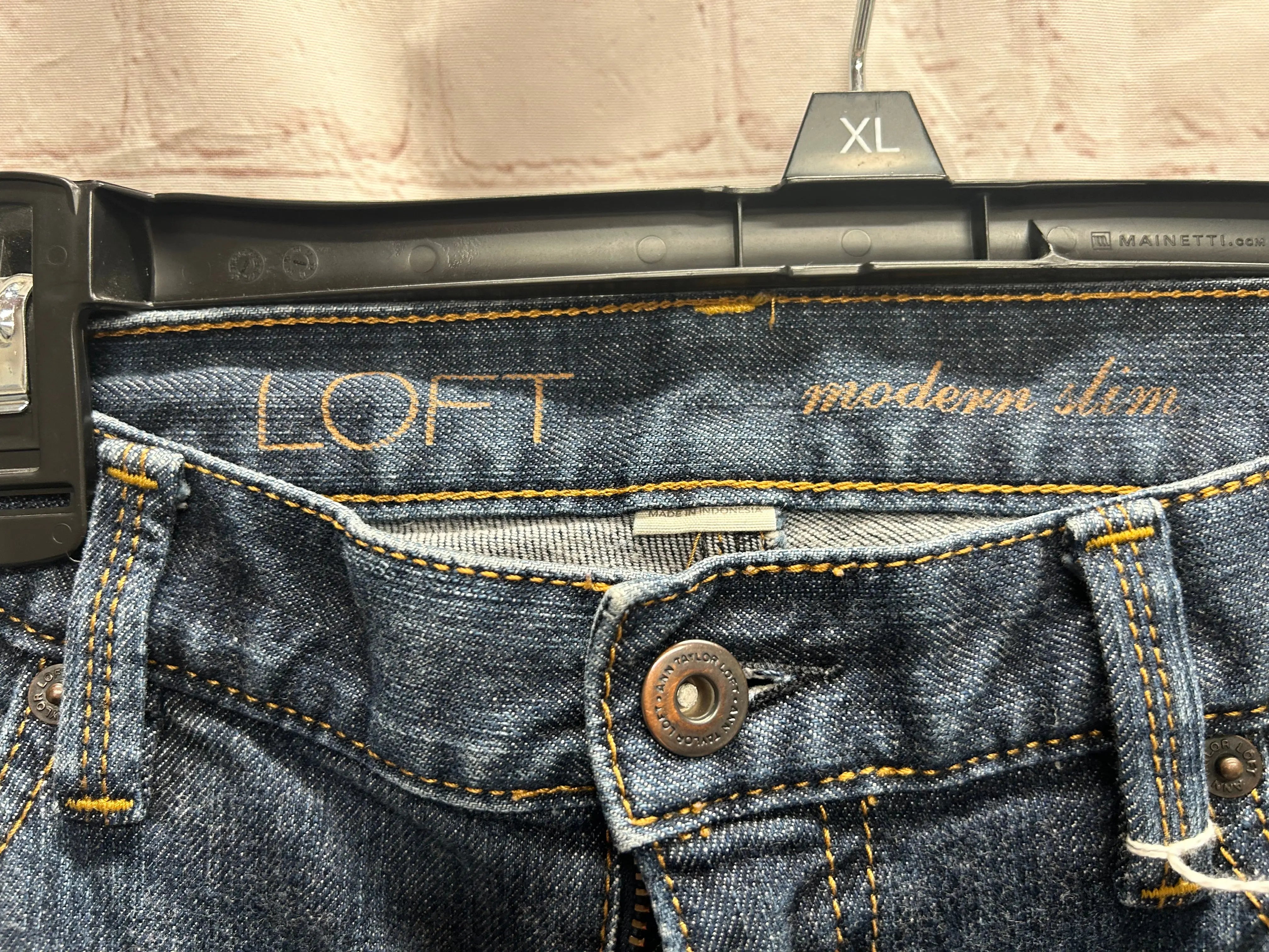 Loft Modern Slim Jeans: Stylish Denim with Ann Taylor LOFT Button. Women's Jean, Blue Denim, Modern Slim Fit, Jean