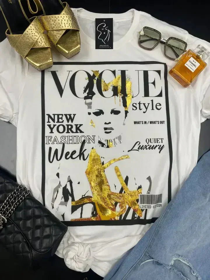 Vogue Graphic Tee: Women's Fashion T-Shirt with Designer Style, Chanel Bag & Shoes