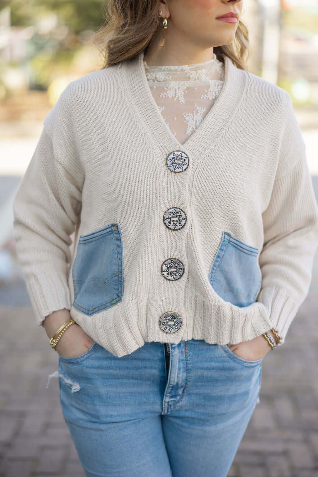 Keep It Trendy Rockstar Cardigan: Upcycled denim cardigan with unique buttons & pockets.