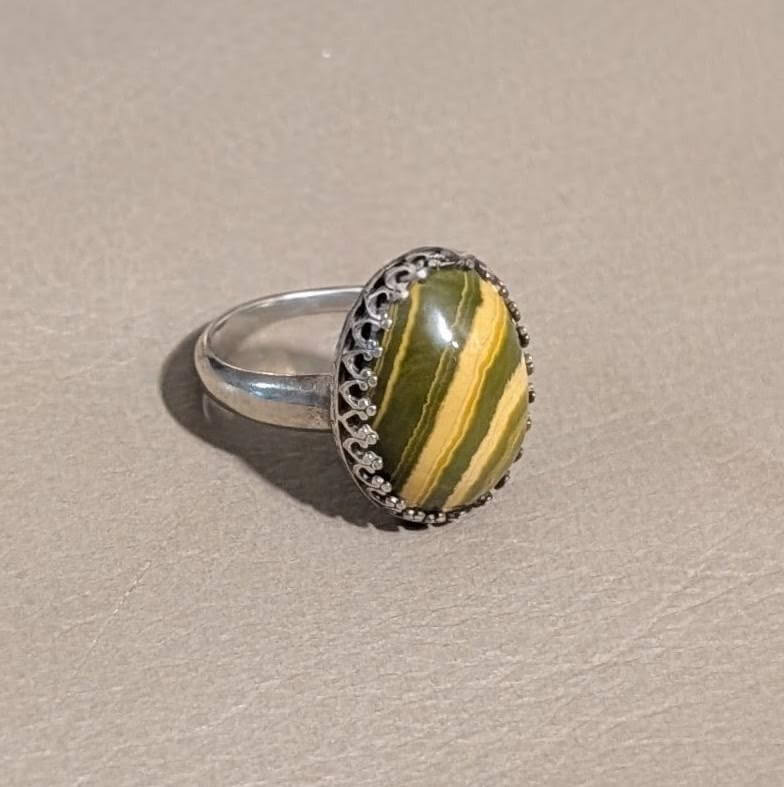 Ocean Jasper Ring Sterling Silver, Green Yellow Stone, Size 7. Banded gemstone ring
