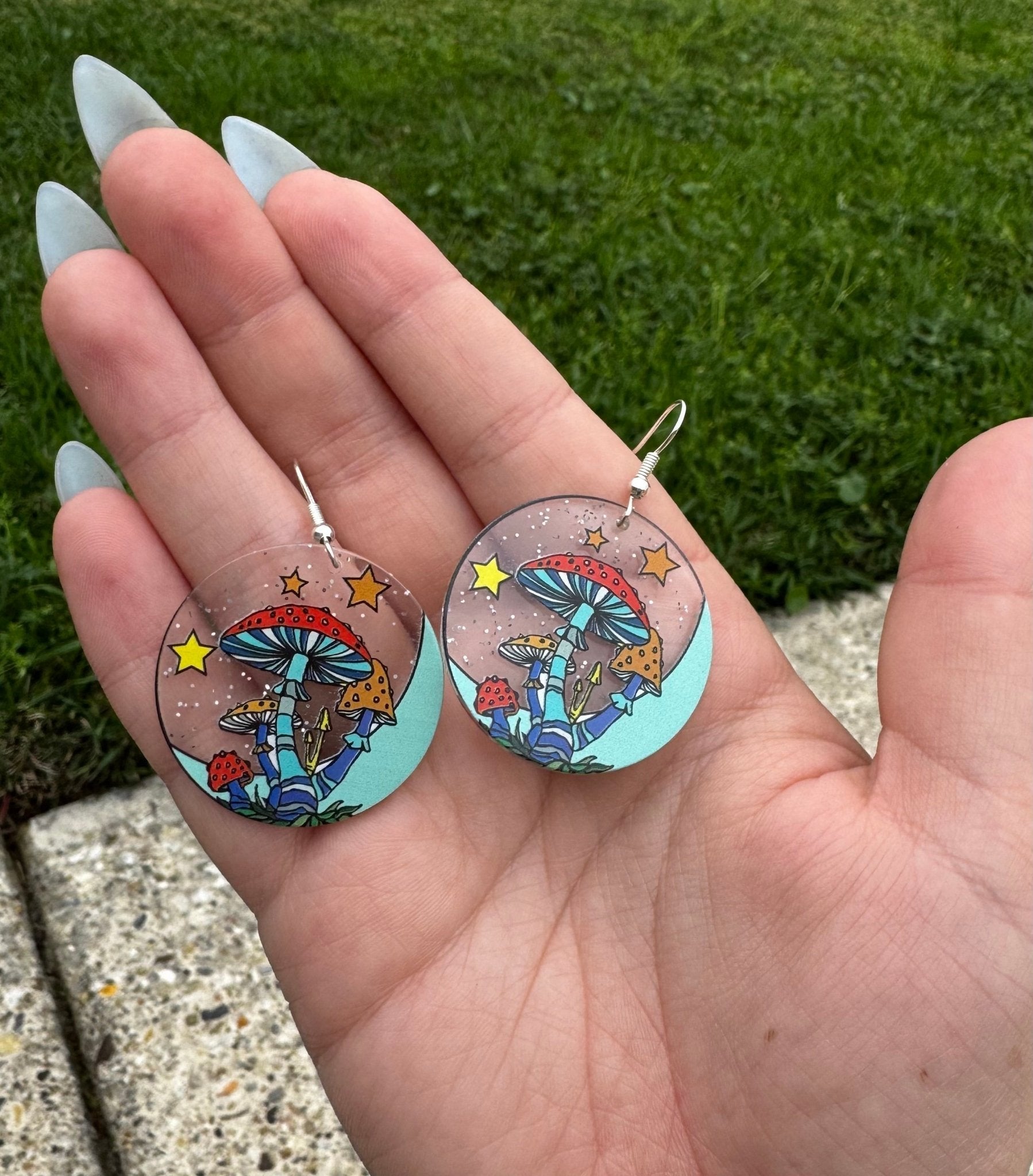 Mushroom Earrings: Handmade Acrylic Cottagecore Fantasy Jewelry with Moon & Stars. Colorful fun gifts!