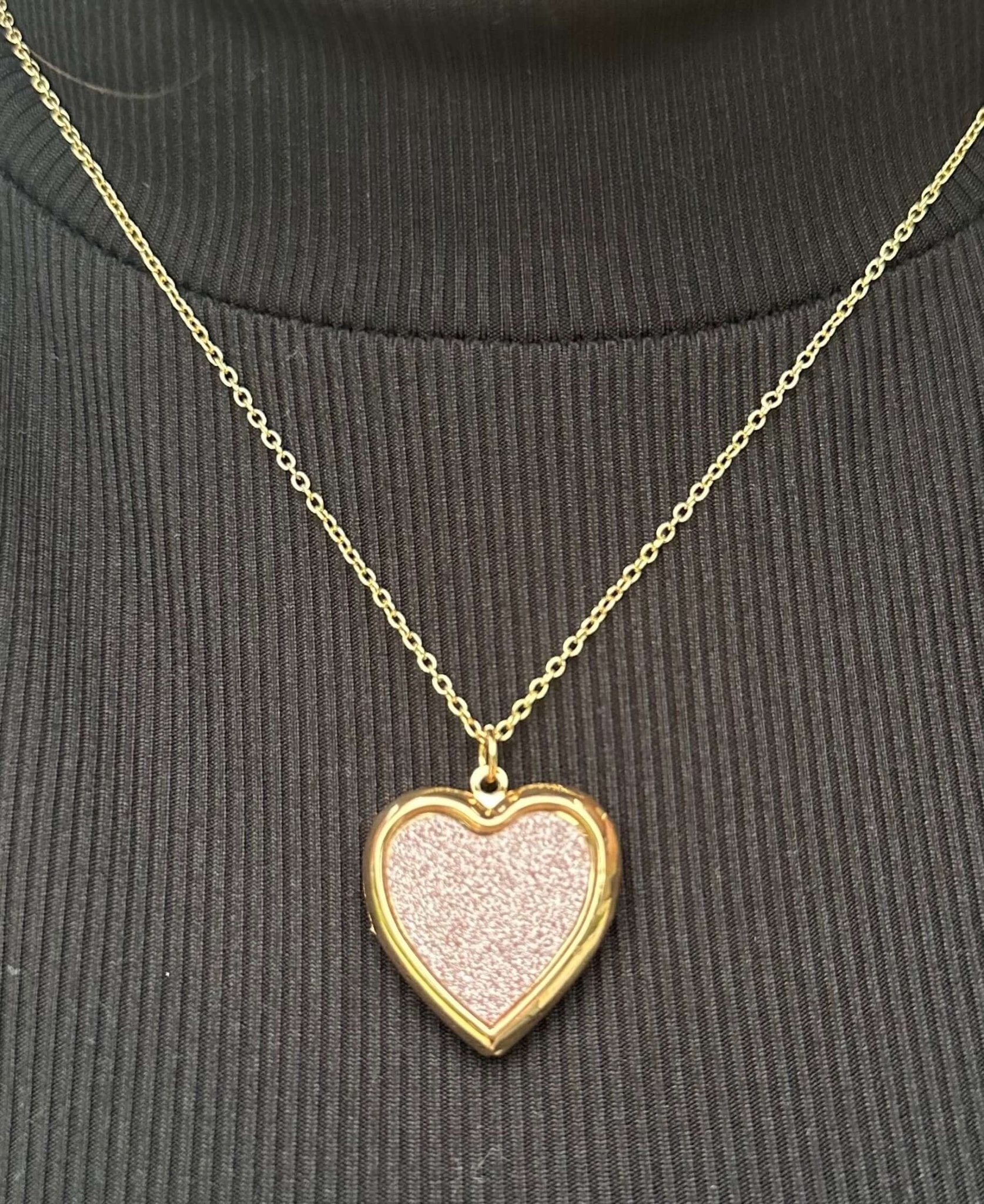Pink Glitter Heart Locket Necklace Gold Chain - Mushroom Lady Co. Handmade Jewelry