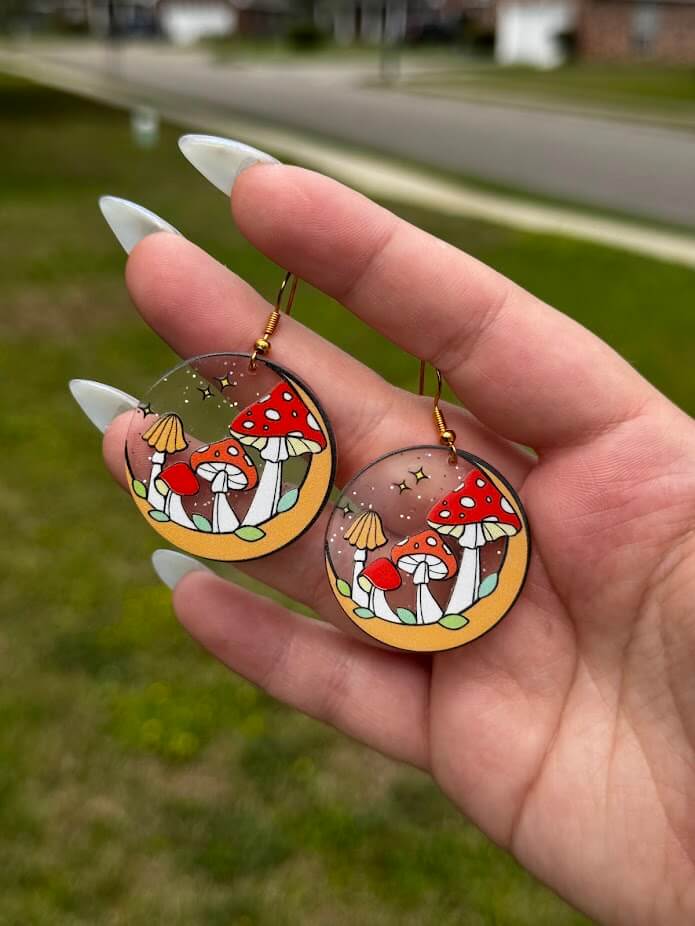 Mushroom Earrings Acrylic Red Cottagecore Handmade in Mississippi by Mushroom Lady Co. Whimsical Fun Jewelry