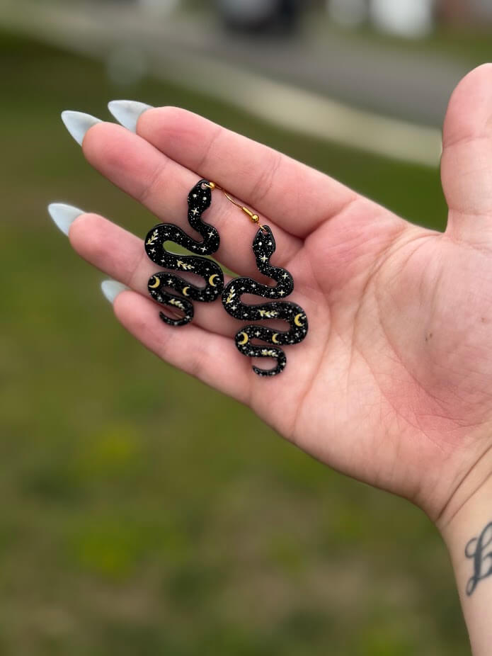Snake Earrings Mushroom Lady Co: Handmade celestial snake earrings, lightweight & hypoallergenic. Fantasy Witchy jewelry.