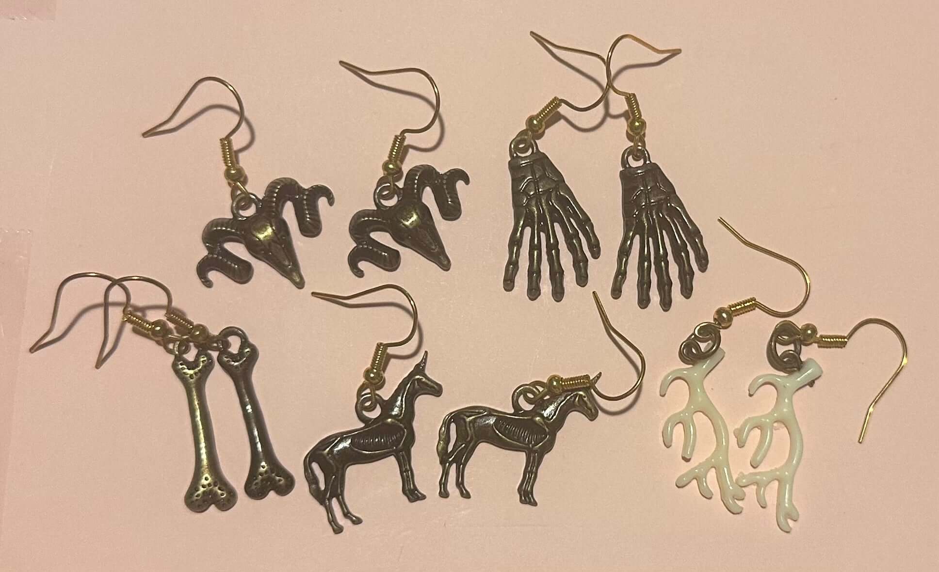 Whimsical Bone & Brass Earrings: Handmade Gothic Fantasy Earrings - Ram, Skeleton, Unicorn, Bones - Mississippi Made