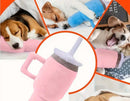 Dog playing with pink Stanley cup dog squeaky toy curated by Coastal Couture Pet Boutique

