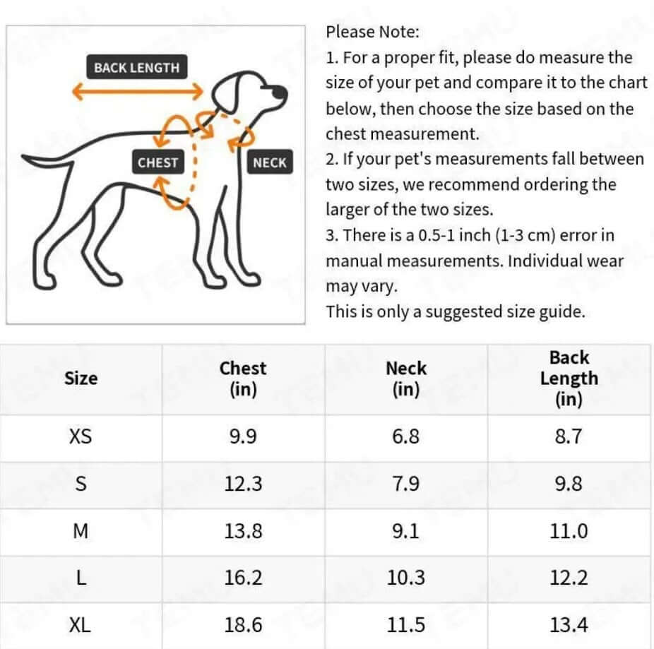 Dog Outfit Size Chart: Coastal Couture Pet Boutique apparel fit guide. XS, S, M, L, XL sizing for comfortable dog clothes.