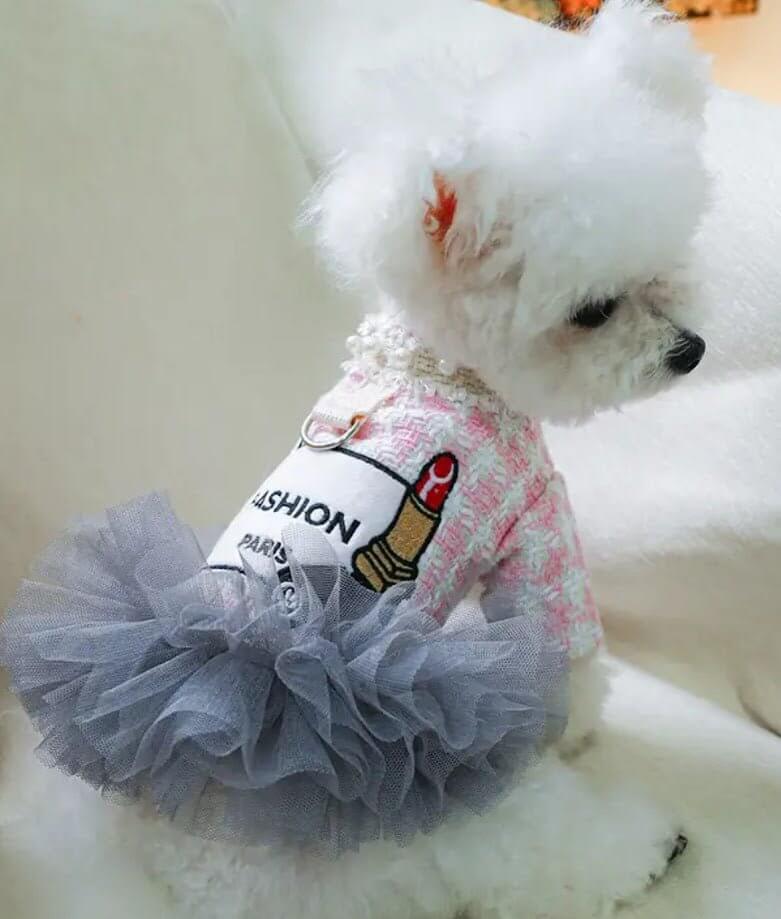 Dog Dress: Tweed Fashion Paris Pink Dress with Tutu & Pearls