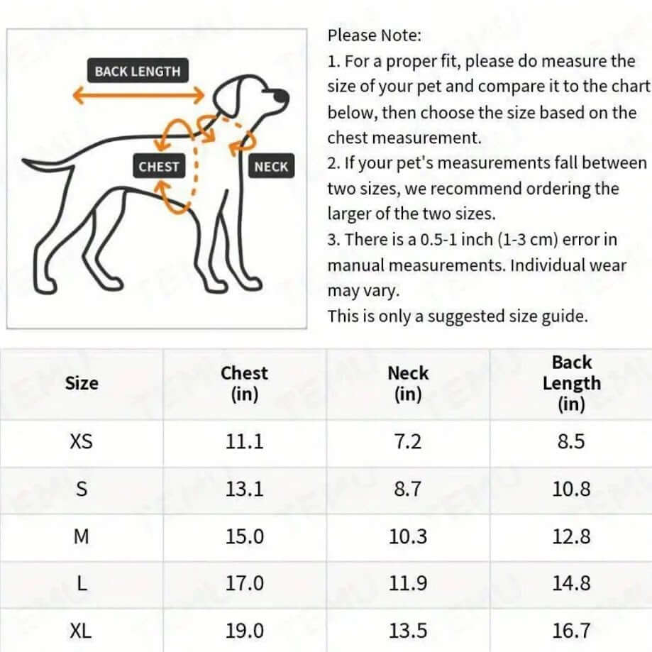Dog Size Chart: Chest, Neck & Back Length in Inches. Guide for Pet Clothing Sizes (XS-XL)