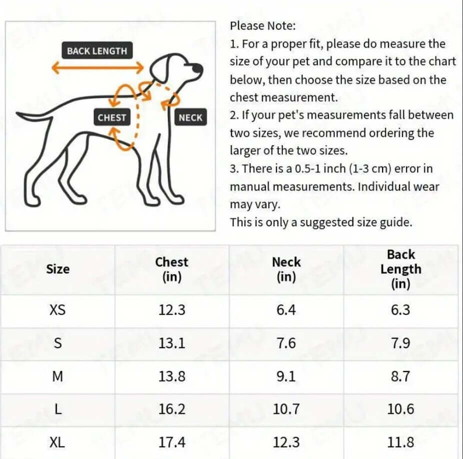 Dog clothing sizing chart: pet apparel size guide. Chest, neck, and back length measurements XS-XL.