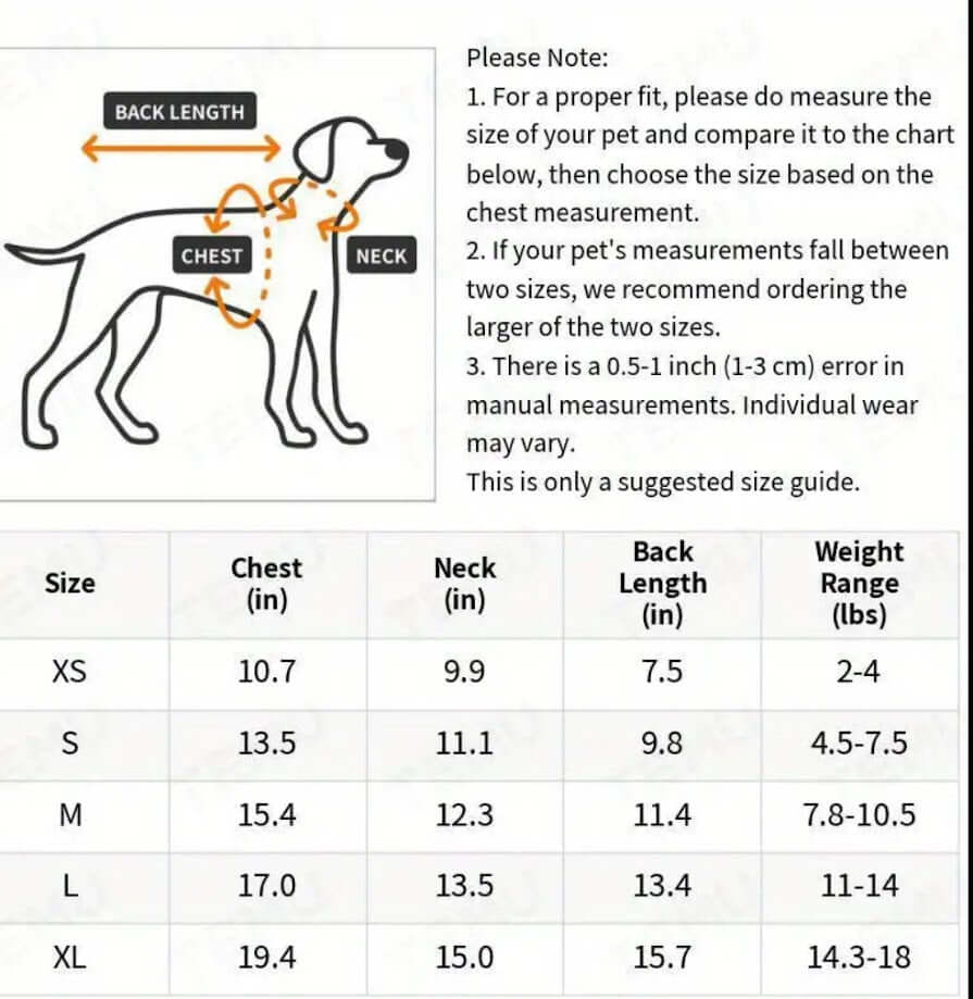 Dog hoodie size chart: chest, neck, back length. Find the perfect fit for your pup! Apparel sizing guide.