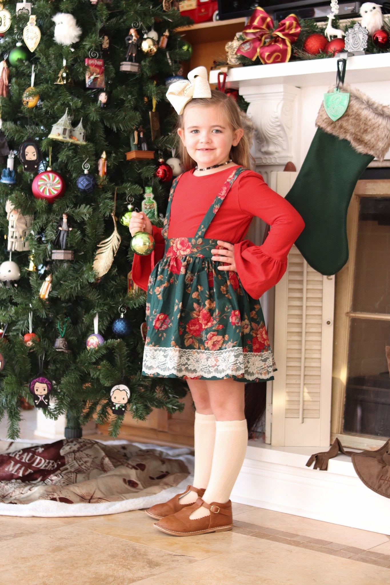 Girl in Christmas Floral Suspender Skirt: Festive Holiday Fashion, Age 6-14