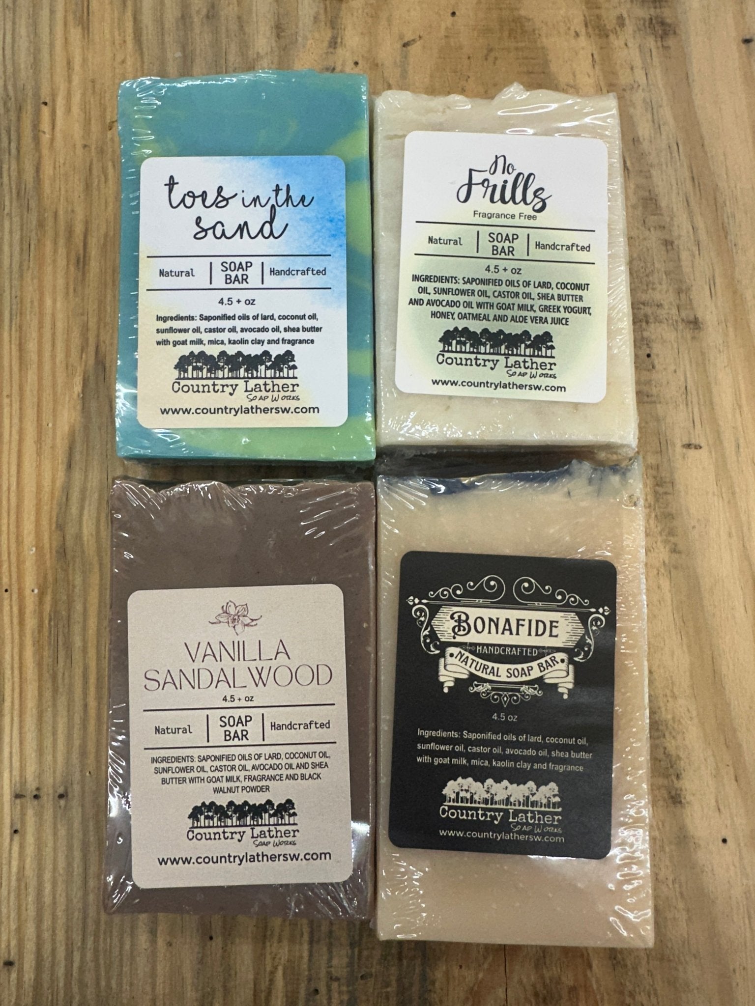 Country Lather Handmade Soap Bars: Toes in Sand, Vanilla Sandalwood, Bonafide & No Frills. Natural, Goat Milk Soap. #handmadesoap