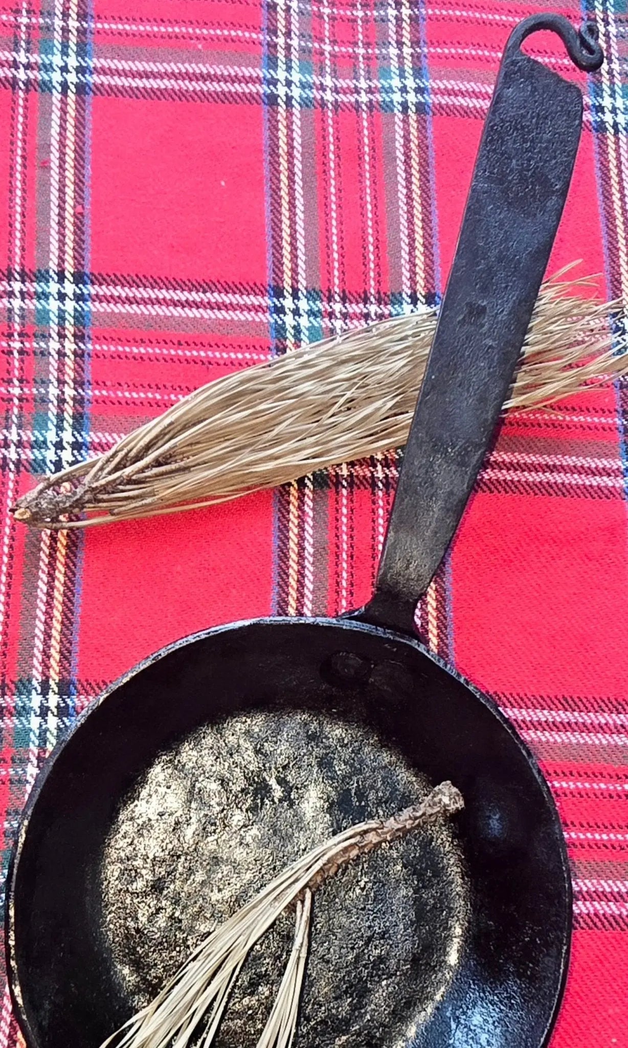 Hand-Forged Iron EGG SKILLET - Main Street Collective artisan skillet on red plaid with pine needles.