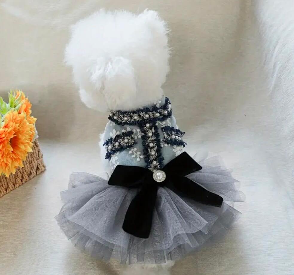 Blue & Grey Dog Dress Pearl Bow Tulle | Coastal Couture Pet Boutique | Main Street Collective