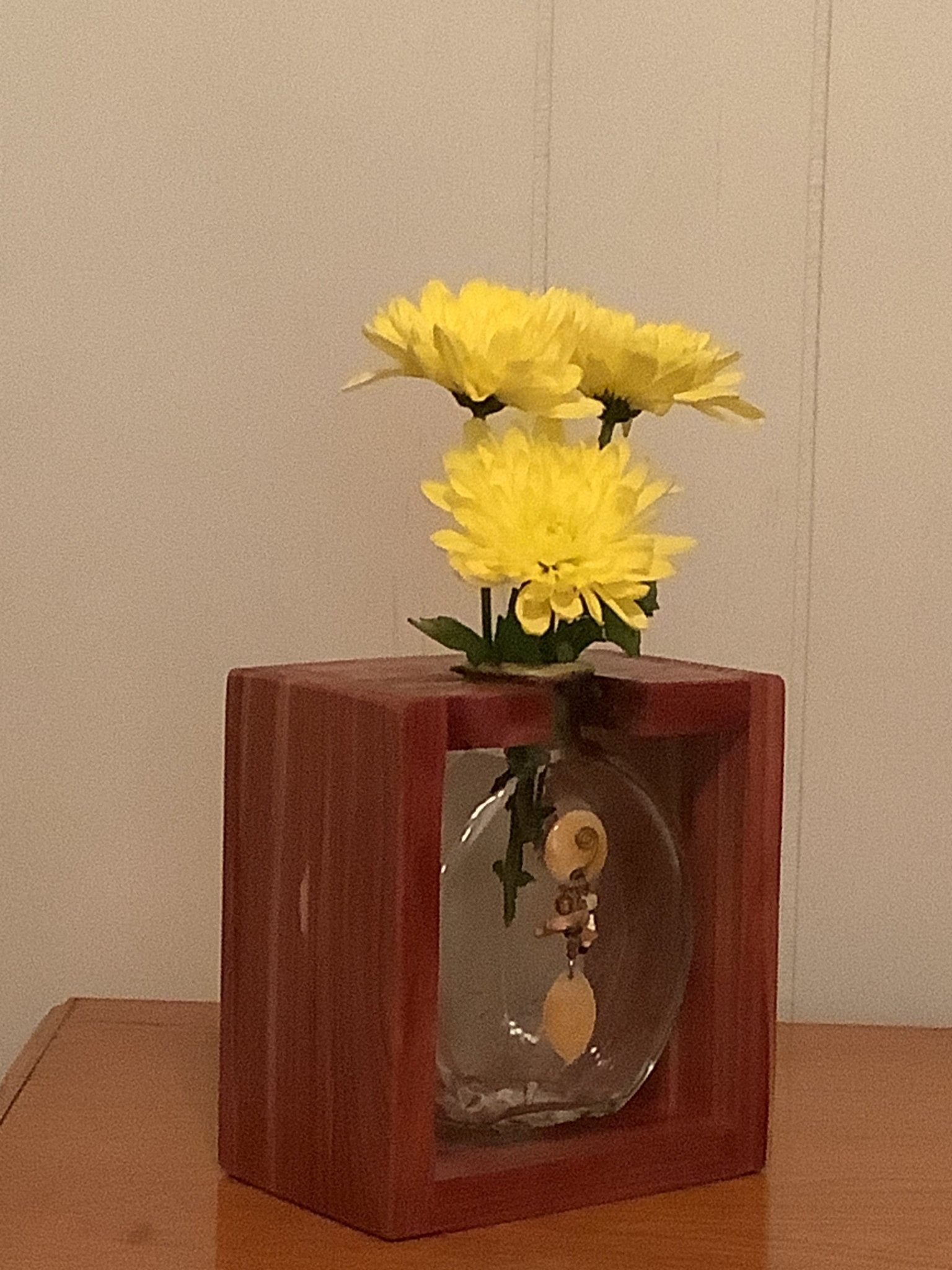 Cedar Wood Single Bud Vase with Yellow Flowers. Handmade wooden vase stand & glass vase for flower arrangements. Rustic home decor