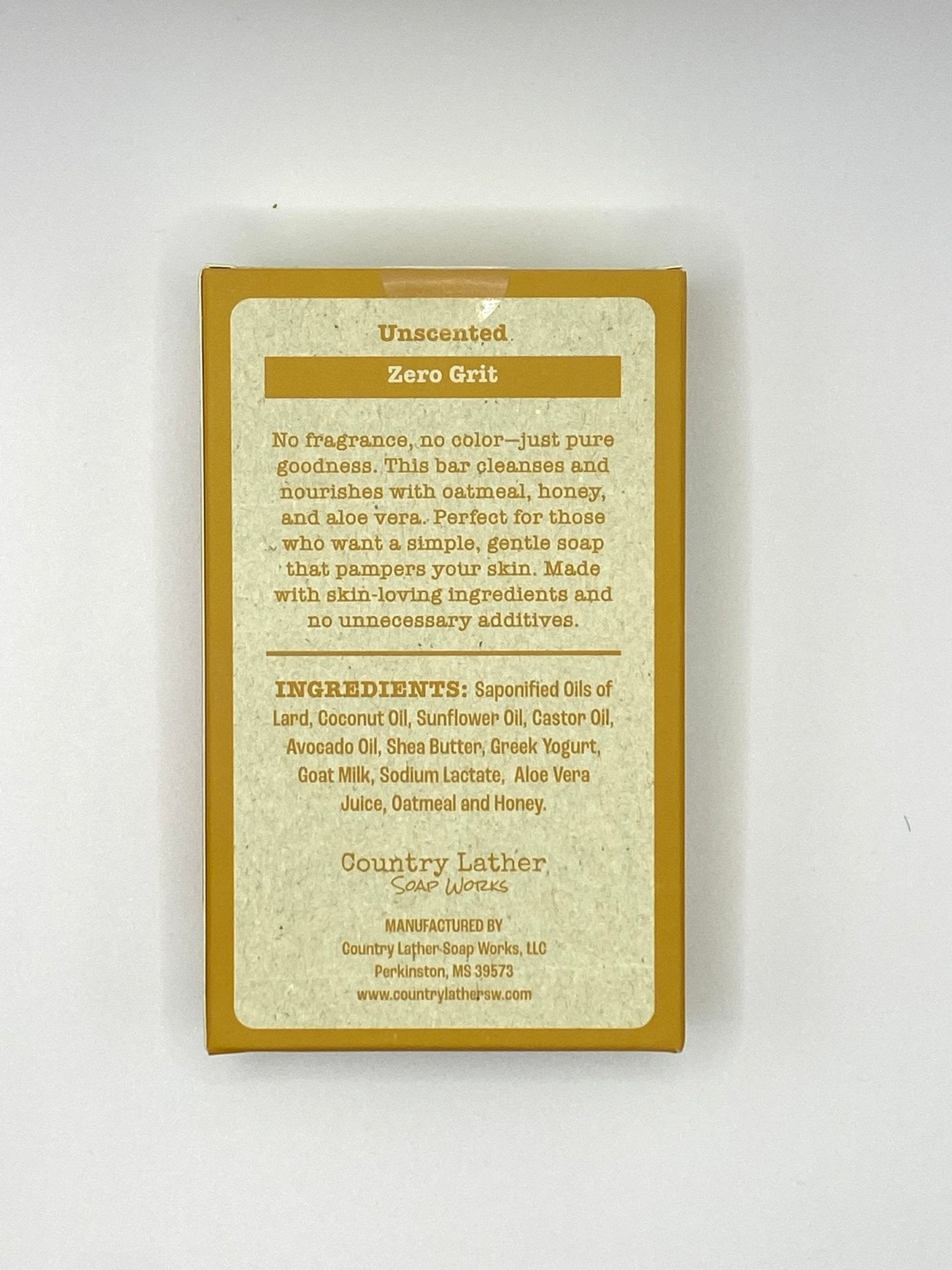 Country Lather Soap Works Unscented Zero Grit Soap. Natural Ingredients: Lard, Coconut Oil, Aloe, Oatmeal, Honey. Handmade Soap.
