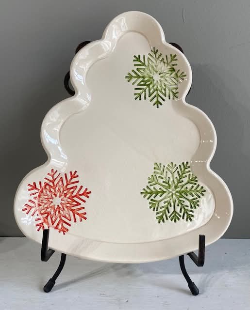 Christmas Tree Serving Tray: Handmade Ceramic Plate with Hand-Painted Snowflakes for Holiday Decor