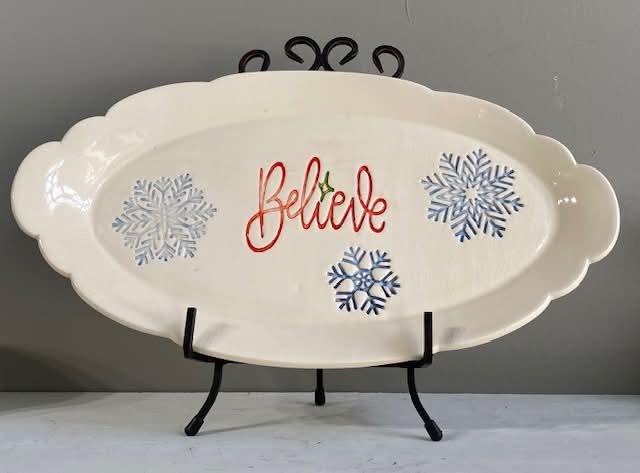 Handmade Christmas Believe Tray: Ceramic Serving Platter with Snowflakes.