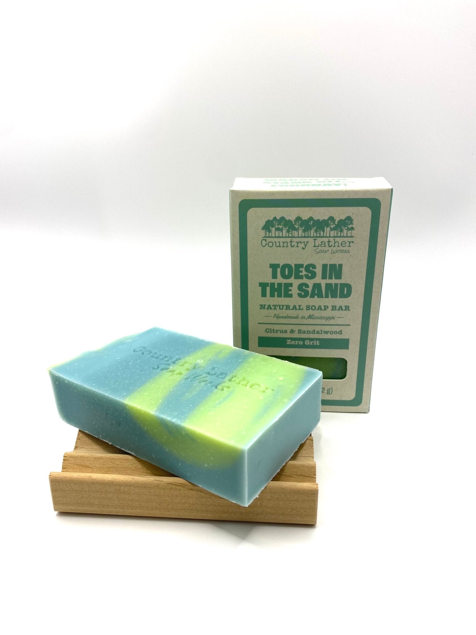 Country Lather's 'Toes in the Sand' Natural Soap: Handmade citrus sandalwood bar. Soap & package close-up.
