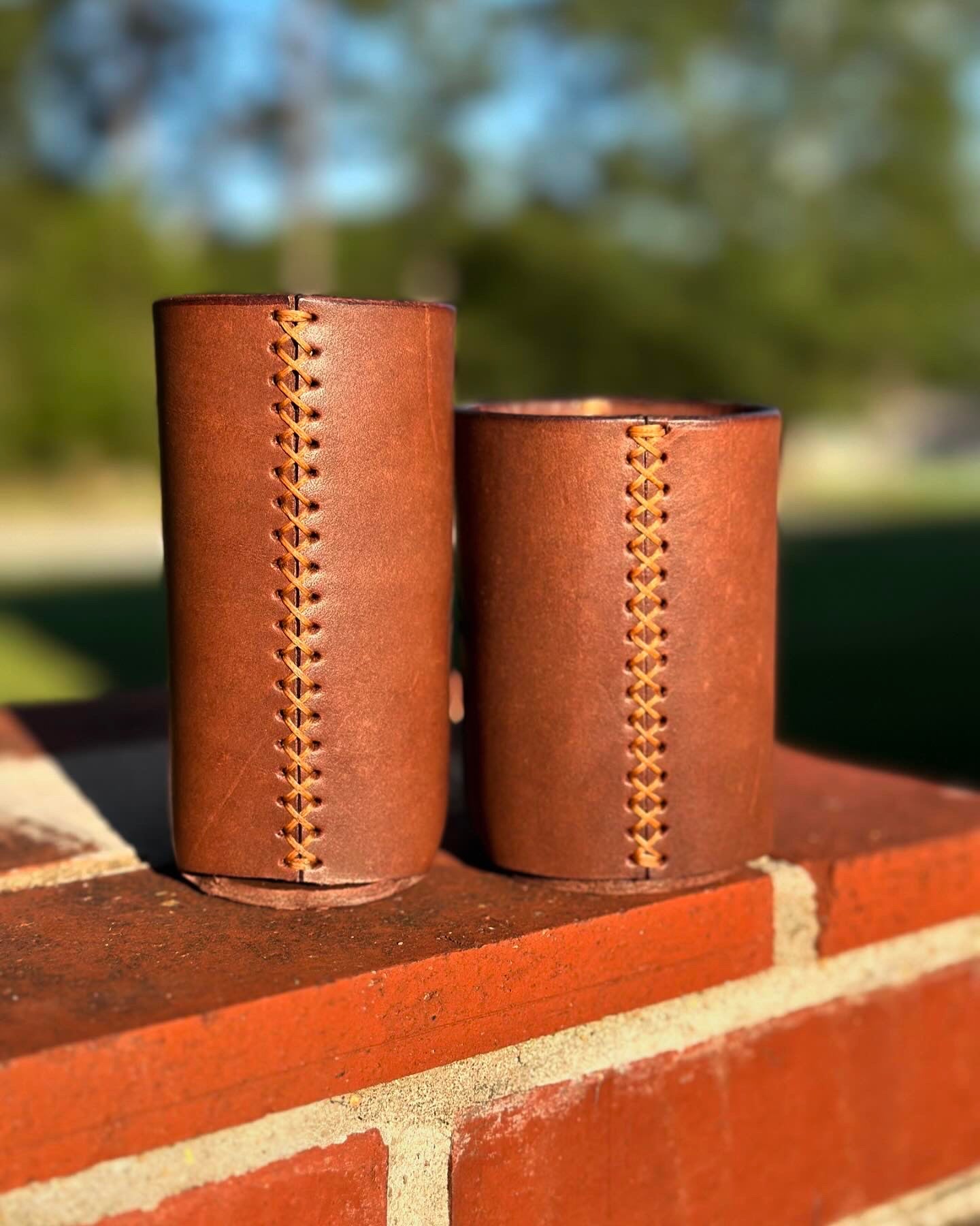 Custom Leather Koozies: Personalized can and bottle holders by Main Street Collective.  Handmade leather.