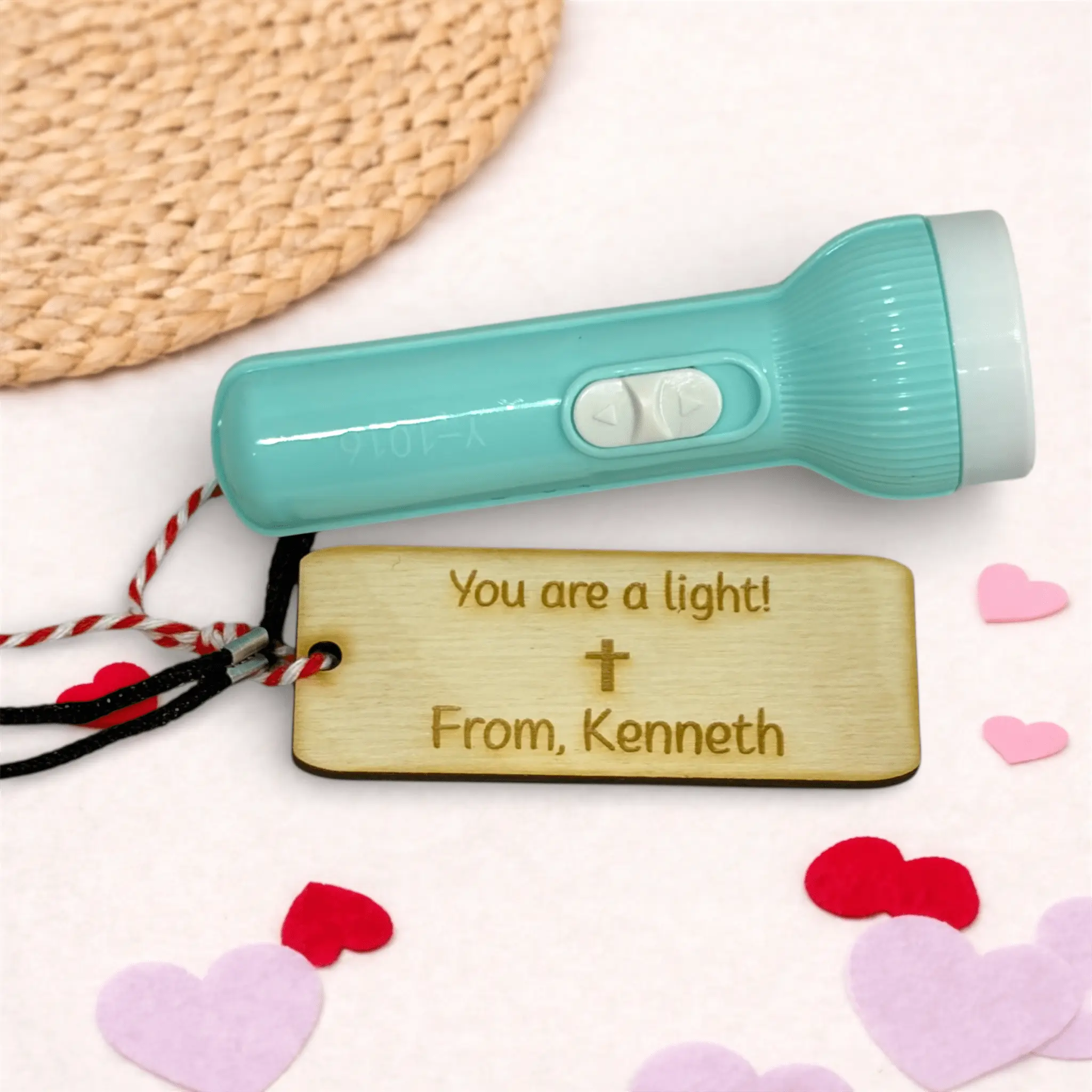 Faith-Based Kids Flashlight Gift with Engraved Wooden Tag - Valentine's Day Present from Kenneth, Encouragement Gift