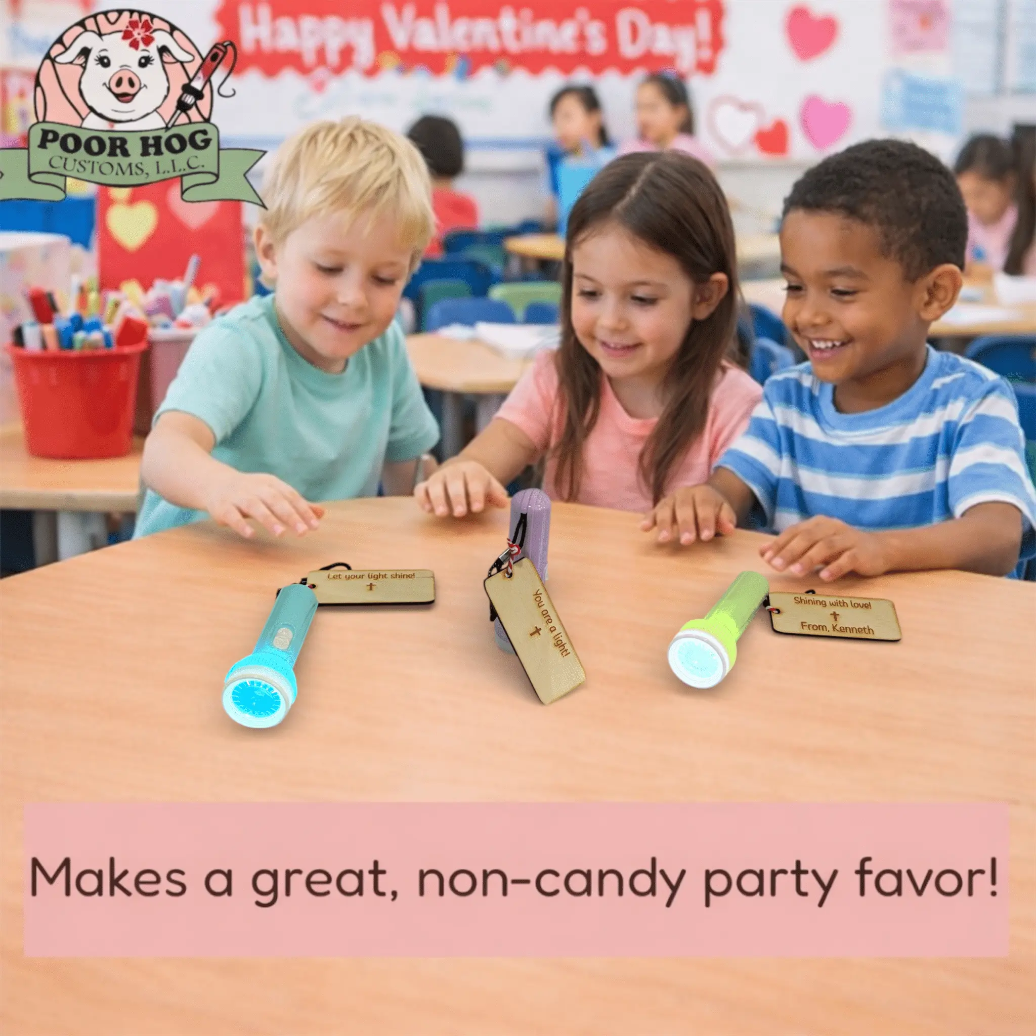Valentine Flashlight Gifts for Kids by Poor Hog Customs. Non-Candy Party Favors for Valentine's Day Classroom Treats.
