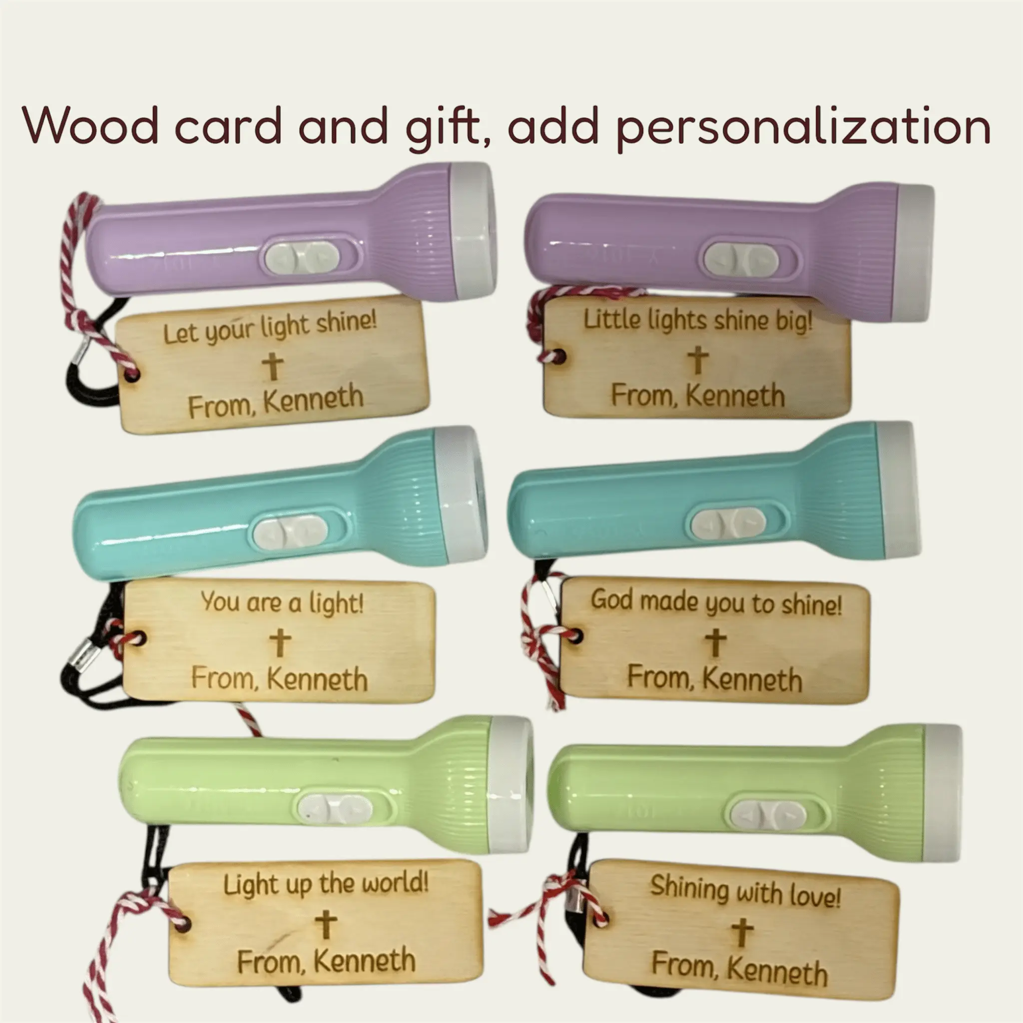 Personalized Kids Flashlight Gifts: Wood Tags with Inspirational Sayings - Kenneth
