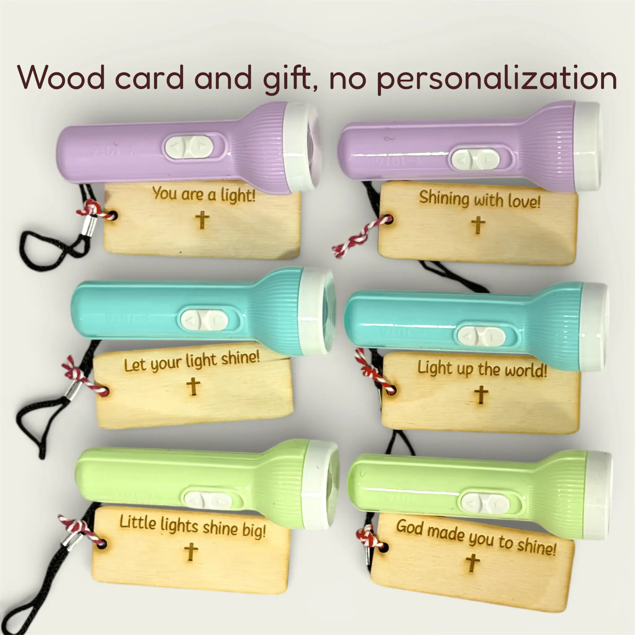 Faith-Based Kids Flashlight Gift with Engraved Wooden Tag: Purple, Blue, Green.