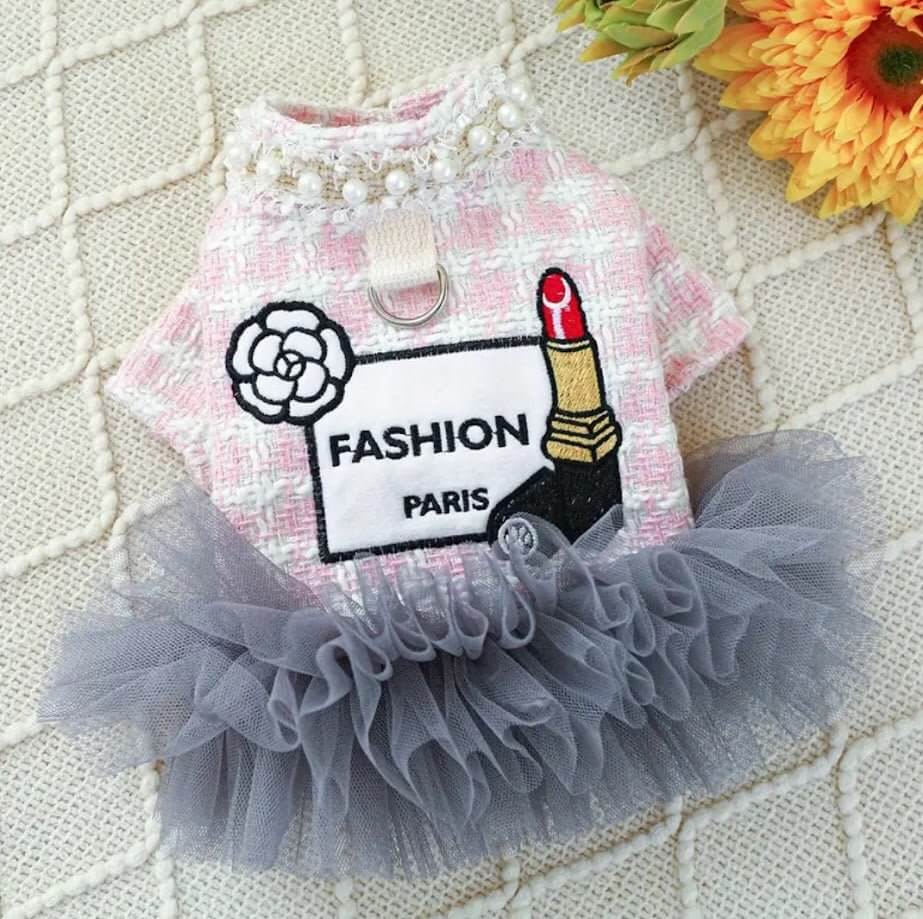 Fashion Paris Tweed Dog Dress with Tutu & Pearls | Pink, Stylish Pet Apparel