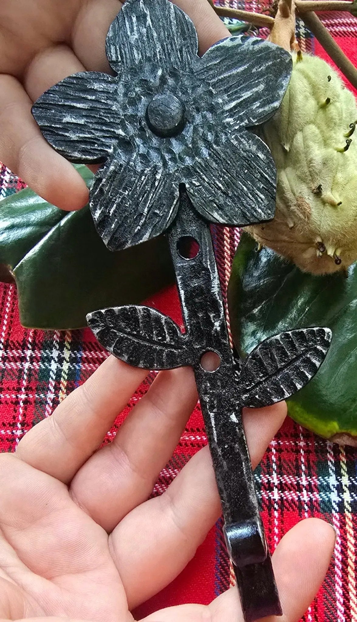 Hand-Forged Steel Flower Hook - Rustic Wall Decor for Coats, Hats, Keys