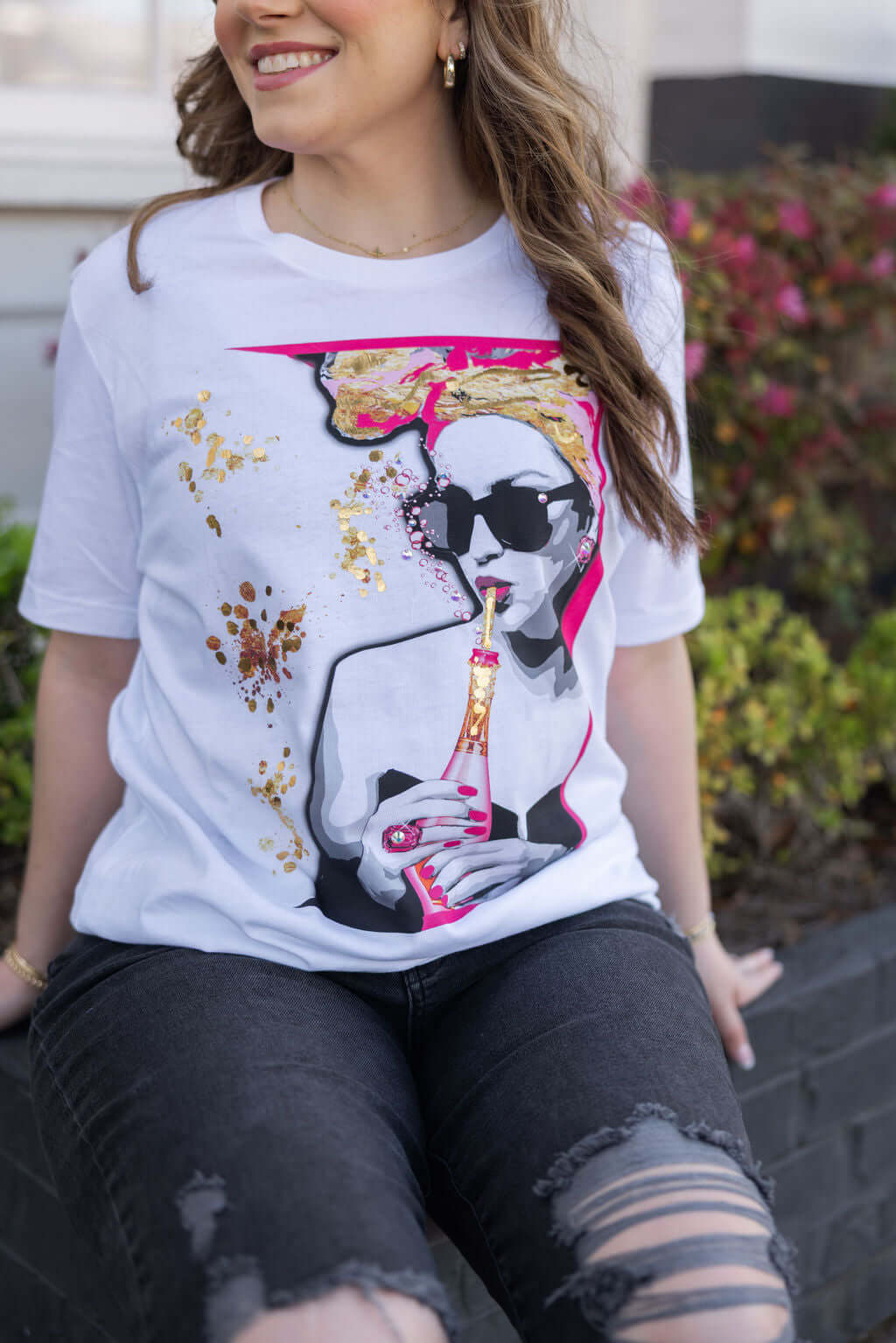 Graphic Tee: Rhinestone & Gold Embellished Women's Shirt - Keep It Trendy Boutique Top