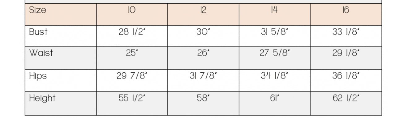 Kids Dress Size Chart: Measurements for Children's Clothing (Sizes 10-16)