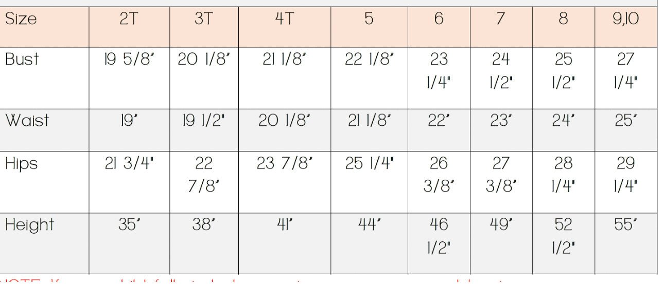 Kids clothing size chart: bust, waist, hips, and height measurements for sizes 2T, 3T, 4T, 5, 6, 7, 8, and 9/10.
