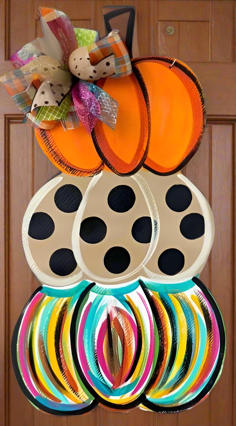 Colorful DIY Fall Door Hanger with Pumpkin, Polka Dots, and Stripes