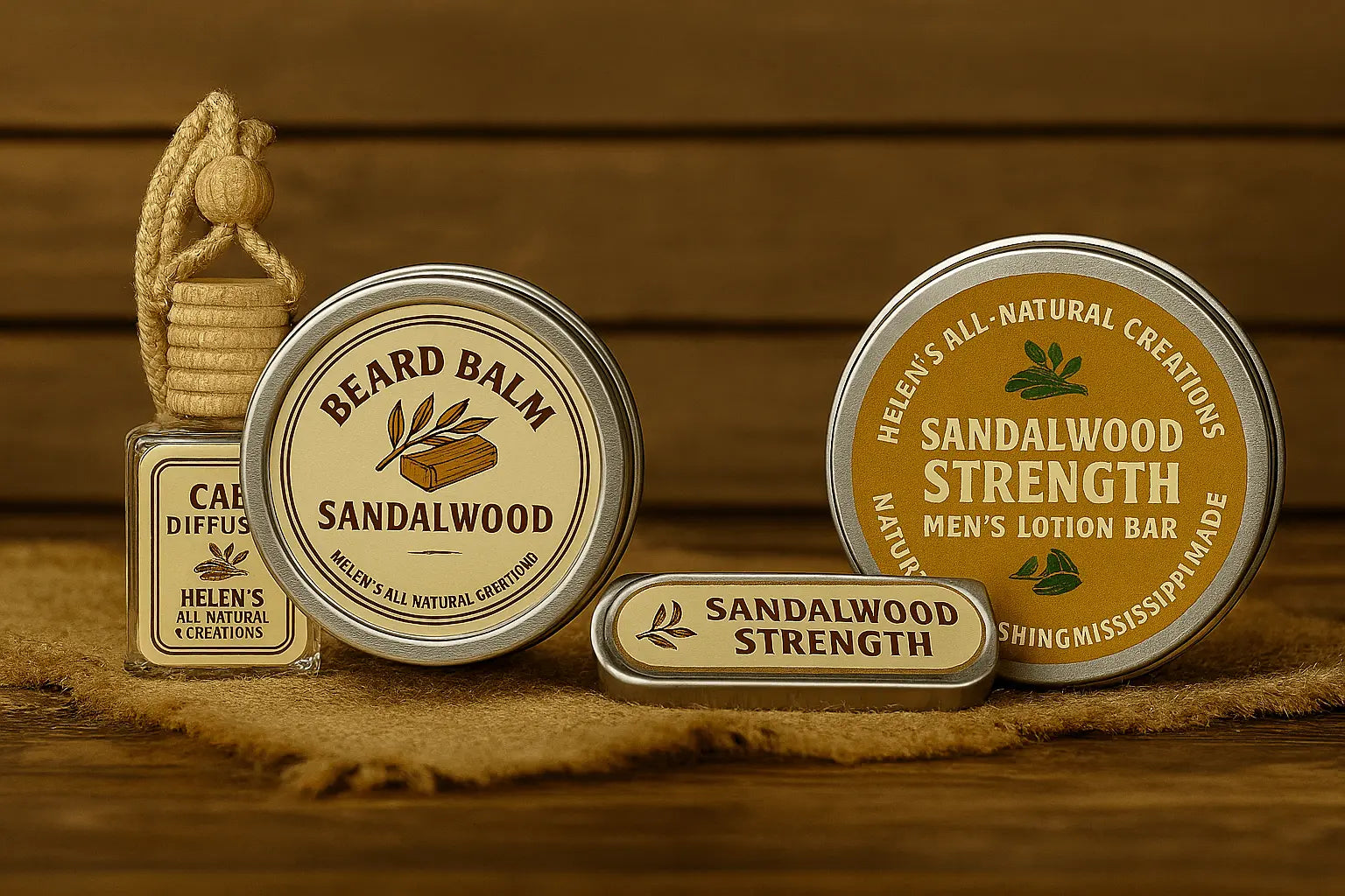 Sandalwood Men's Grooming Set: Beard Balm, Lotion Bar & Car Diffuser by Helen's All Natural Creations. Main Street Collective.
